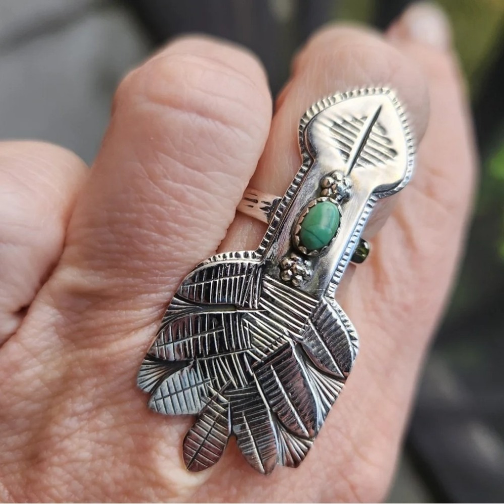 Sterling Silver 925 Kingman Turquoise Arrow Adjustable Ring Southwestern‎